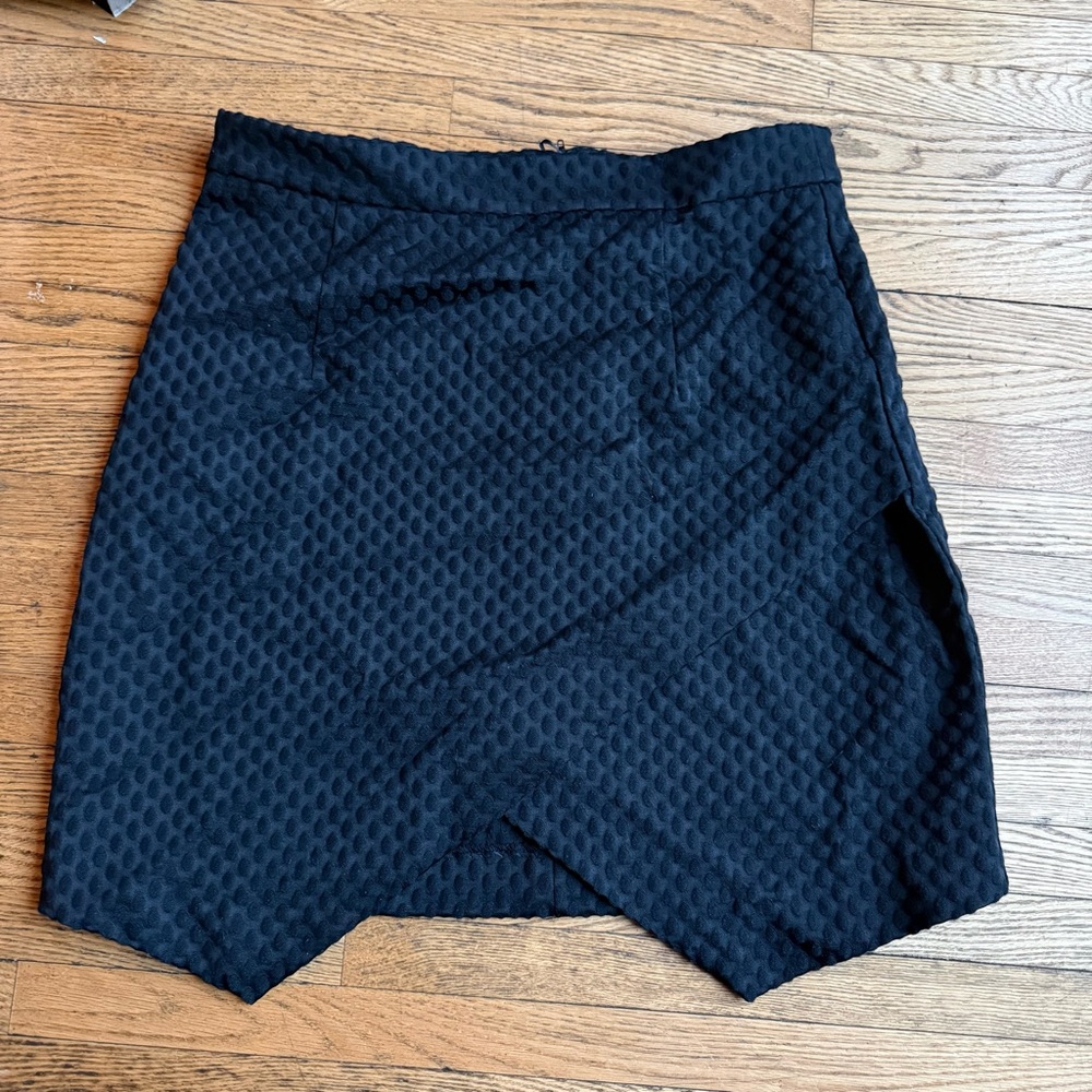 H&M Faux Wrap Mini Skirt Womens 10 Black Swiss Dot Goth Dark Romance Career Chic